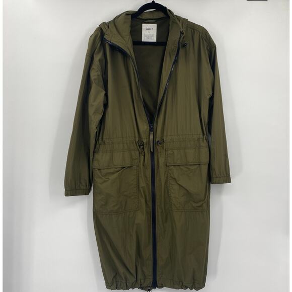 GAP Fit Upcycled Parka Jacket Hooded Cinched Waist Water Resistant Longline L - Picture 4 of 13